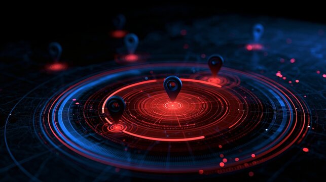 Futuristic digital map interface with glowing red location pins and circular radar grids radar grid navigation technology gps tracking cyber map hud element geolocation
