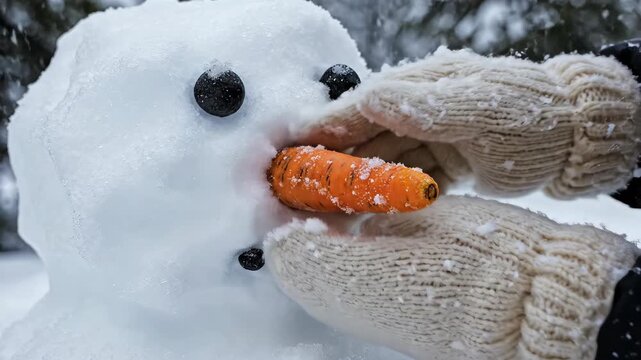 Closeup of hands placing carrot nose on snowman face for winter and Christmas family fun concept