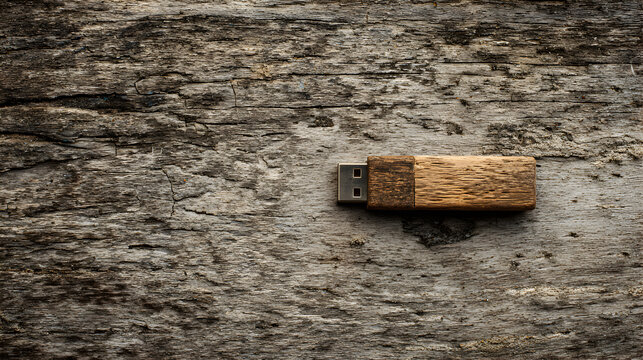 Wooden usb flash drive lying on a dark cracked stone texture surface