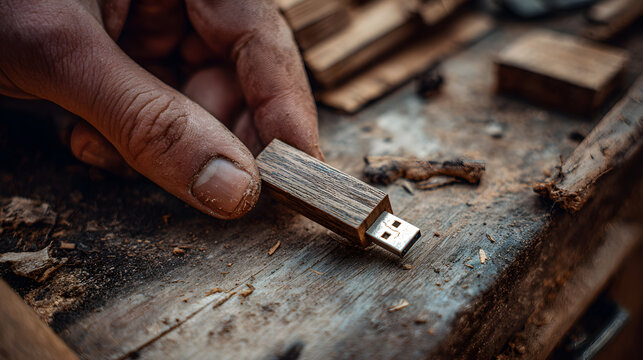 Person holding a small usb flash drive on a dark wooden workshop table
