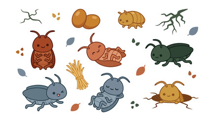 Obraz premium Subterranean insect characters and soil ecology icons in a kawaii flat vector style for biology education
