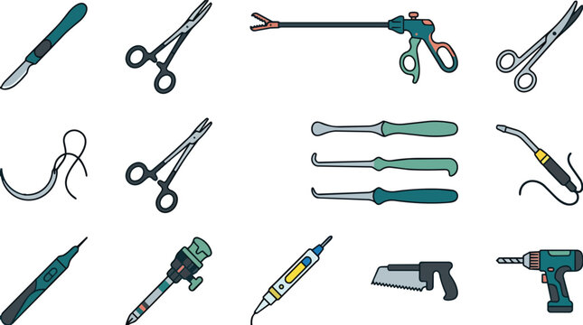 Surgical instruments and operating room medical tools set in a modern flat vector for healthcare education and surgical clinical branding