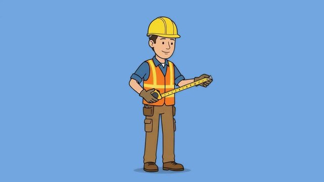 A friendly 2D male builder character in a hard hat and safety vest pulling out a tape measure, isolated on a light blue background. Ideal for architecture presentations, construction company advertise