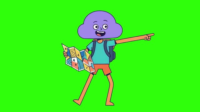 A fun 2D flat animated tourist character with a purple cloud head carrying a backpack and map while pointing and speaking, isolated against a bright chroma key green screen background. Designed for tr