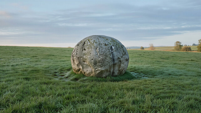Large round rock sits in a field with grass and a clear sky at sunrise in a rural area