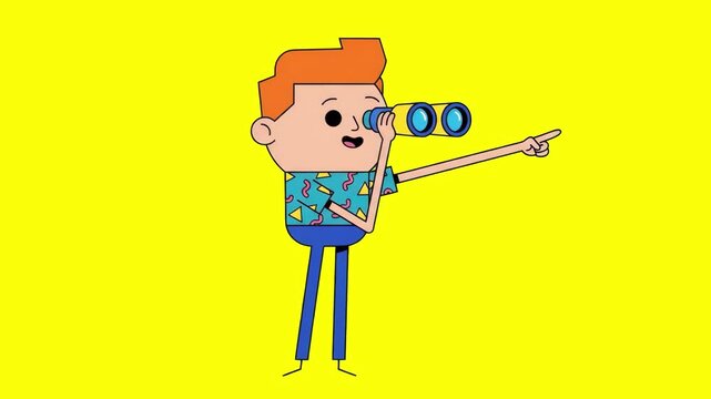 A cheerful 2D flat cartoon man with orange hair looking through a telescope spyglass and pointing forward while talking, set against a bright yellow studio backdrop. Ideal for discovery animations, tr