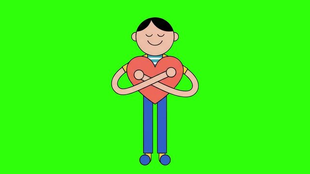 A gentle 2D cartoon male character standing peacefully and hugging a big red heart shape with arms crossed, isolated on a solid green chroma key background. Great for love appreciation videos, Valenti