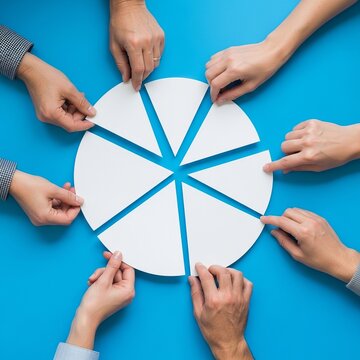 Hands Assembling Pie Chart - Teamwork and Collaboration Concept.