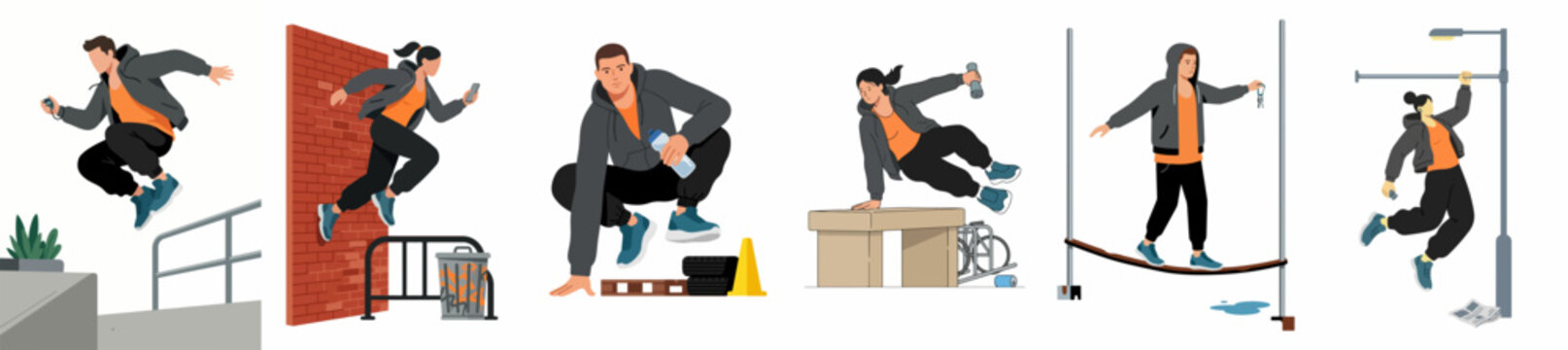 Set of flat vector illustrations depicting a young man performing various parkour and freerunning stunts, including jumping, vaulting, and balancing.