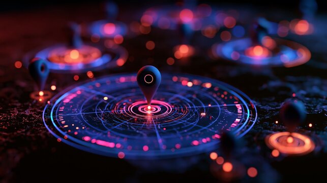 Futuristic glowing neon navigation map interface with holographic location markers and data points neon lights futuristic technology cyber map digital map abstract technology