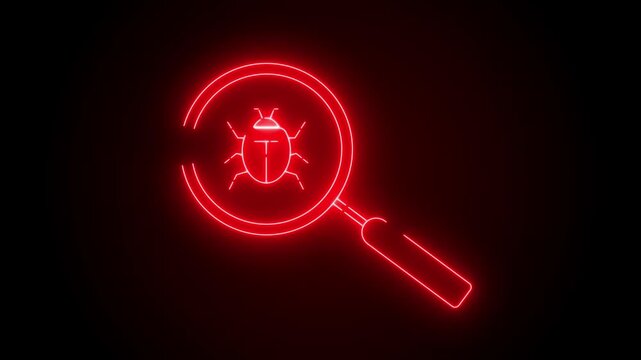 Bug search animated glowing red neon magnifying glass scanning insect loop on 4k black background