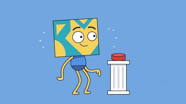 A quirky 2D cartoon square-headed geometric character reaching out to push a big red emergency button on a pedestal, isolated on a light blue background. Ideal for launch animations, decision-making v