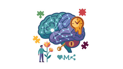 Fototapeta premium Psychology and cognitive brain function with mental health symbols in flat vector for neurological healthcare branding