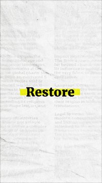Restore text - on yellow banner over vintage minimalist white newspaper background