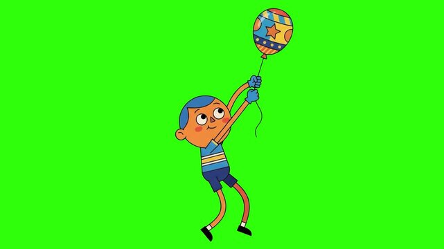 A cute 2D flat cartoon boy holding a colorful patterned air balloon while talking, isolated against a bright chroma key green screen background. Perfect for birthday party invitations, children celebr