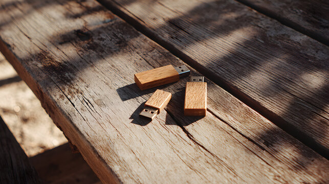 Three wooden usb flash drives on a rustic dark wooden table