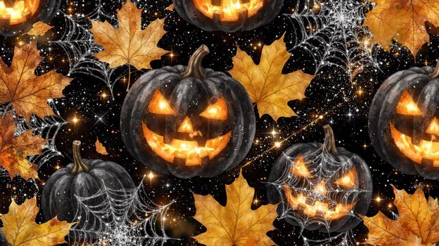 Spooky jack o lantern pumpkins and autumn leaves