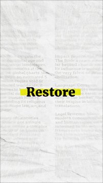 Restore text - on yellow banner over vintage minimalist white newspaper background