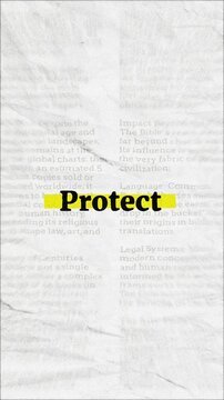 Protect text - on yellow banner over vintage minimalist white newspaper background