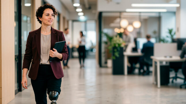 Professional businesswoman with a prosthetic leg walking through a modern office corridor. Confident female amputee holding a tablet in a corporate workplace. Diversity and inclusion concept