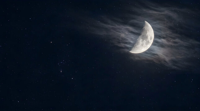 Sharp Crescent Moon Behind Drifting Fog
