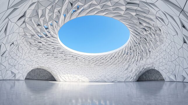 Modern architectural interior featuring white geometric patterned walls and an expansive circular skylight ceiling opening wide