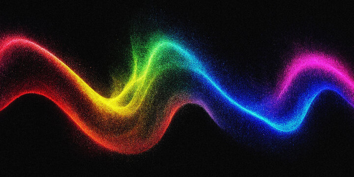 Abstract rainbow wave of glowing particles on black background for digital technology design