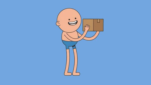 A friendly 2D animated man character holding a postal cardboard box while speaking enthusiastically, set against a solid light blue studio backdrop. Great for warehouse logistics, express delivery com