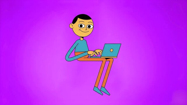 A stylish 2D cartoon man character sitting and typing on his laptop while speaking, set against a vibrant purple studio backdrop. Perfect for digital marketing videos, IT support overlays, online educ