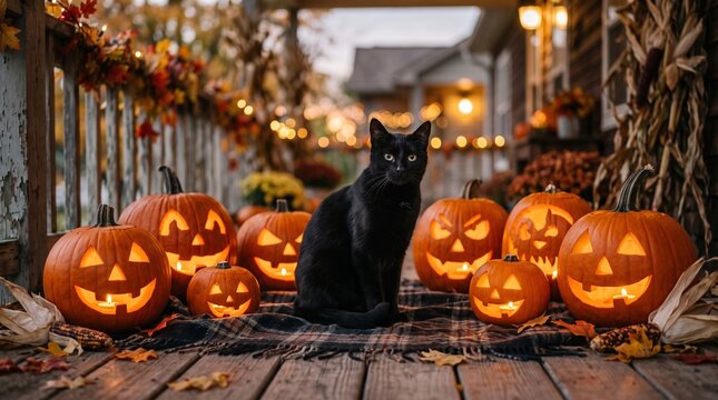 Black Cat Sitting Among Glowing Jack-o-lanterns on a Porch for Halloween