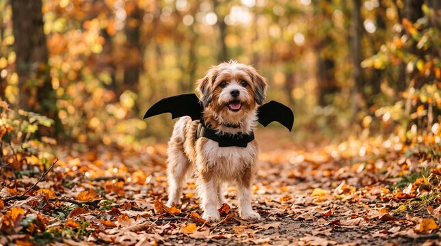 Cute dog wearing bat wings costume in an autumn forest for Halloween