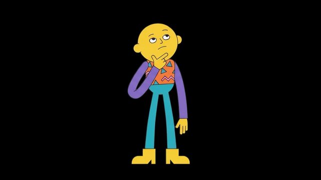 A unique 2D yellow cartoon character holding a thinking pose with hand on chin isolated on a dark black background. Great for creative problem-solving videos, educational animations, mobile app promos