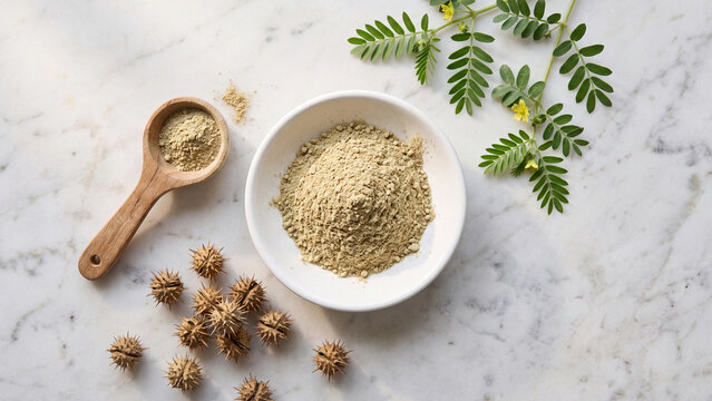 Gokhru plant powder in a white bowl with dried seeds and green leaves