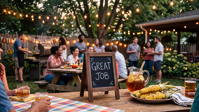 Great job chalkboard sign at an outdoor team party with string lights