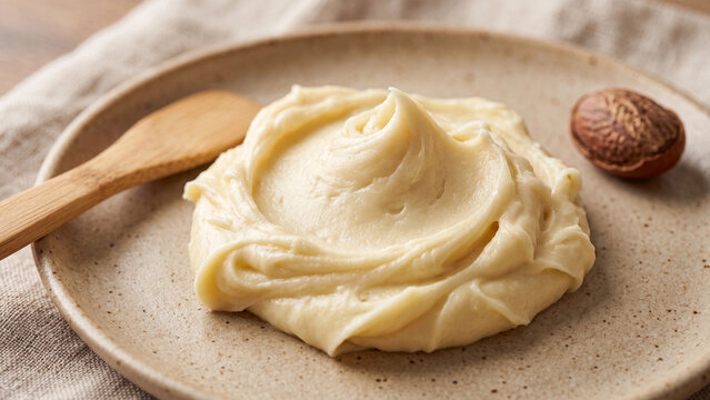 Whipped shea butter in a ceramic bowl with a wooden spoon and nut