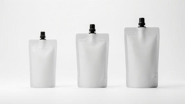 Three blank spout pouch mockup packs standing in a row on white studio