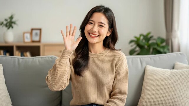 Friendly Greeting: A cheerful young woman with a warm smile sits on a sofa, waving hello with her hand in a welcoming gesture, conveying friendliness and approachability.