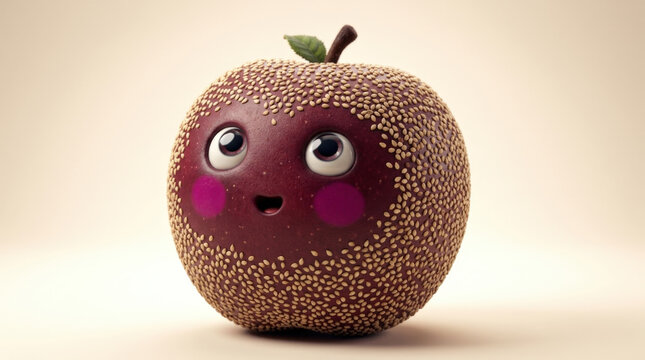 Friendly purple apple character with sesame seeds and big eyes for children book illustration or playful healthy eating.
