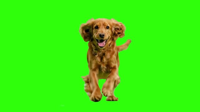 A happy golden Cocker Spaniel dog running fast directly towards the camera with floppy ears bouncing, isolated on a solid green chroma key background. Suitable for active pet product ads, dog food mar