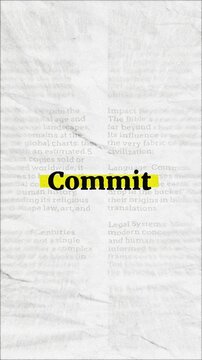 Commit text - on yellow banner over vintage minimalist white newspaper background