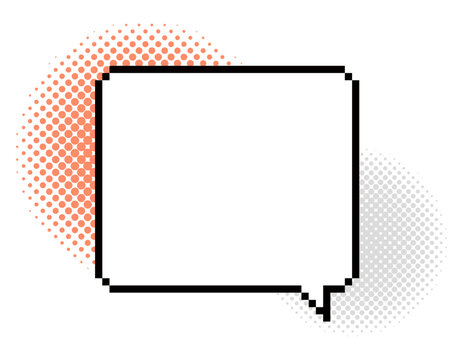 吹き出し ドット ハーフトーン 網点 フレーム 枠 正方形 ドット絵 ピクセル レトロ ポップ 会話 コメント テキストスペース サーモンピンク グレー 素材 イラスト 白背景 speech bubble halftone dot pixel retro pop frame gray