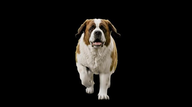A large brown and white Saint Bernard dog running toward the camera, isolated against a dark black background. Great for big dog promos, rescue animal clips, veterinary services commercials, pet care 