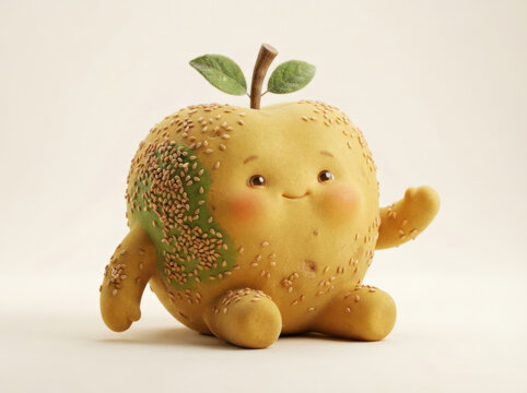Friendly sitting pear character with sesame seeds waving hello for welcoming marketing campaigns or engaging children content.