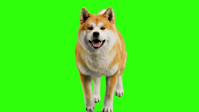 A majestic Akita Inu dog with red and white fur running forward towards the camera, isolated against a bright chroma key green screen background. Perfect for pet commercials, animal action shots, vete