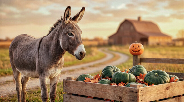 Gray donkey standing near wooden crate full of green harvest pumpkins on rural farm. Autumn countryside scene with barn, dirt road and jack-o-lantern on fence post during golden sunset lighting