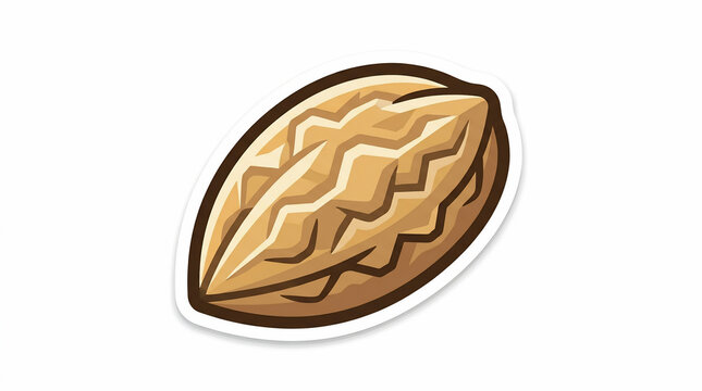 Single almond or walnut in shell vector sticker illustration with white border isolated on white background for food design