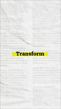 Transform text - on yellow banner over vintage minimalist white newspaper background