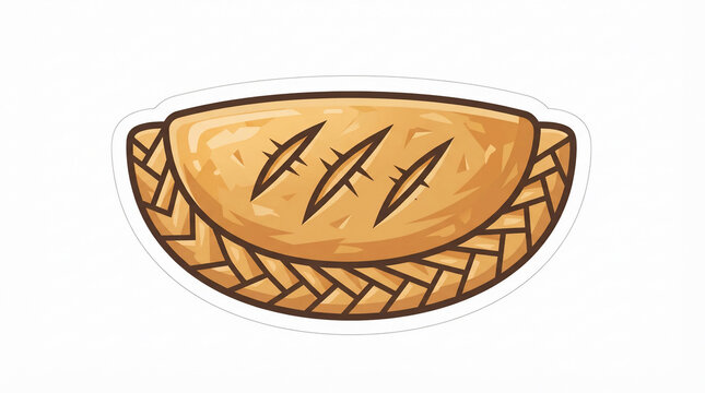 Empanada vector sticker illustration of a baked golden pastry with braided crust isolated on white background
