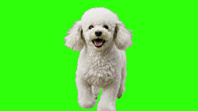 A fluffy white Poodle dog running happily toward the camera, isolated on a solid green chroma key background. Great for dog grooming advertisements, pet brand promotions, cute animal commercials, and 