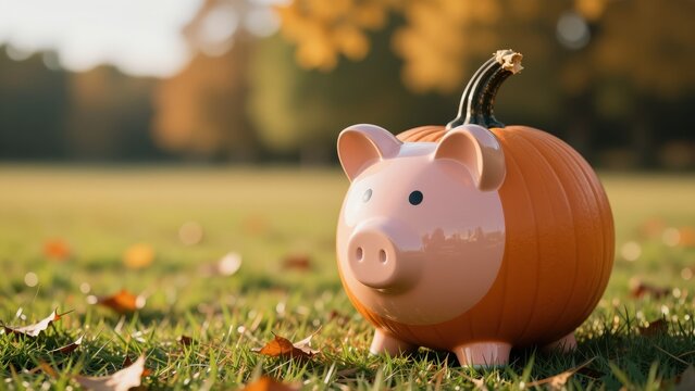 Pumpkin-shaped piggy bank with a coin slot and curly tail on a grassy field during autumn, symbolizing savings and financial growth for seasonal or holiday themes